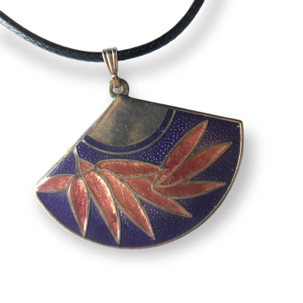 Purple and orange cloisonné fan pendant necklace, waxed black cotton cord